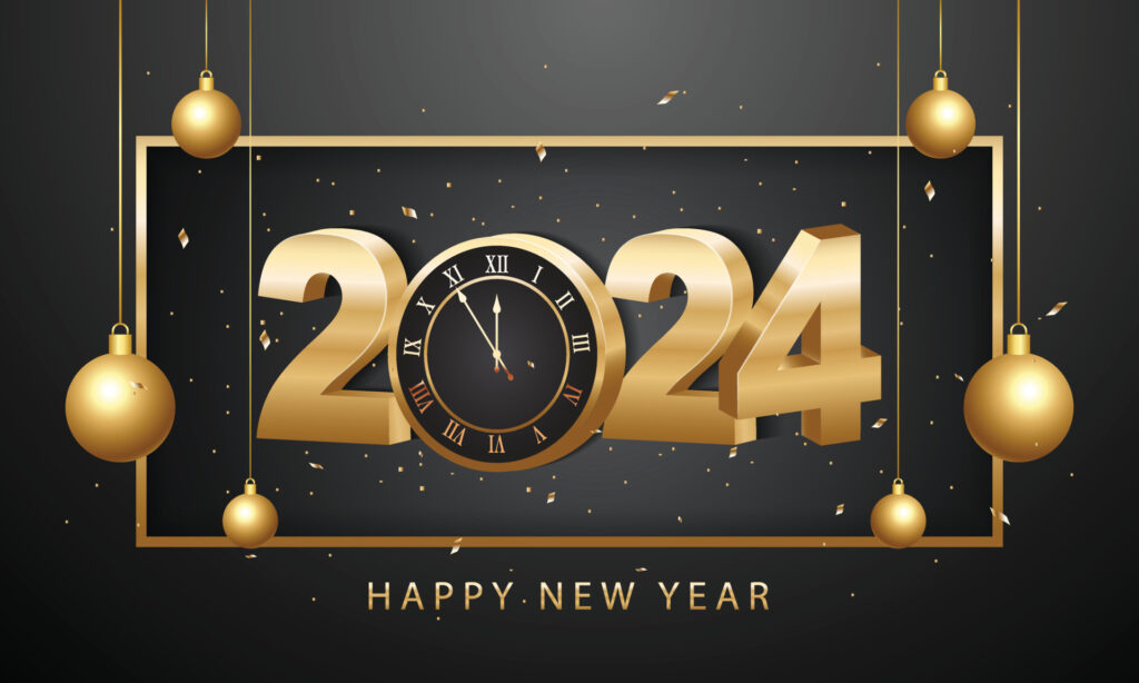 happy new year 2024 3d gold numbers with golden christmas decoration and confetti on dark background holiday greeting card design vector